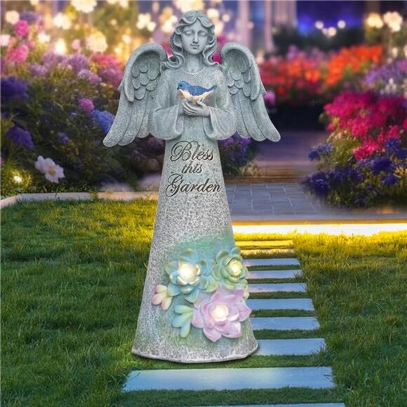 🌿 Solar Angel Garden Statue – Outdoor Decorative Light with Bird & Flowers ✨ - Picture 3 of 5